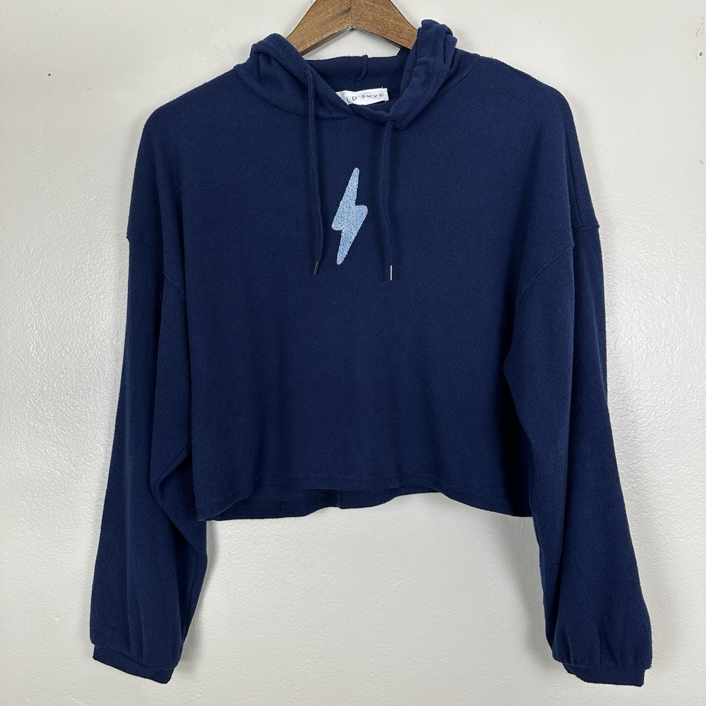 Wild‎ Skye Women Medium Blue Hooded Top Lightening Bolt Soft Stretch Sweater NEW
